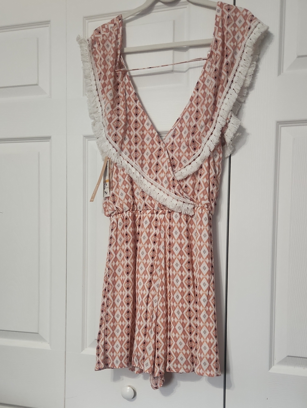 Takara Peach and White Printed Romper with Fringe Trim